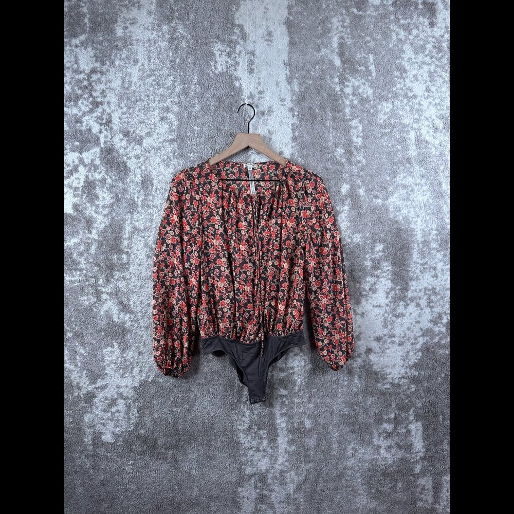 Free People Bodysuit XS Womens Black Long Sleeve Floral Gauze Mesh